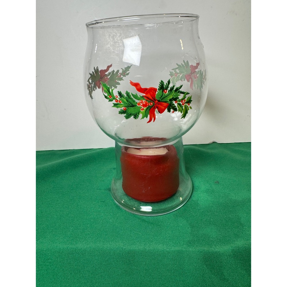Pfaltzgraff Christmas Heritage Floating Candle Holder Glass Holly Ribbon Design - Picture 4 of 6